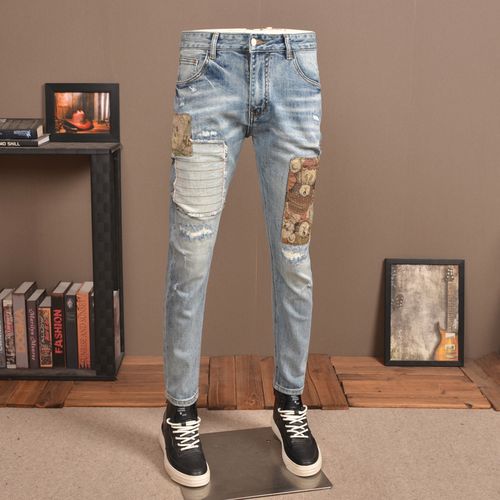 浅色破洞牛仔裤男潮牌弹力修身小脚高端水洗做旧贴布补丁休闲男裤