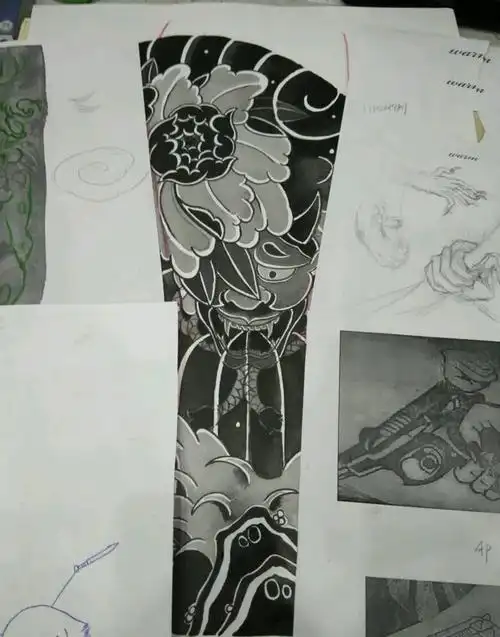 客制手稿,老传统黑灰花腿纹身图片_腿部老传统牡丹纹身图案_福建省