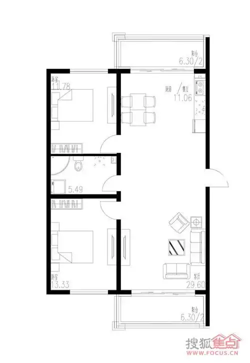 富佳新天地两室一厅一卫71.26㎡户型