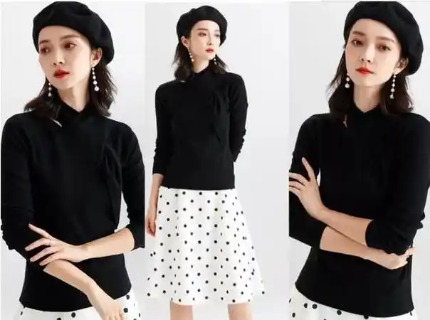 圆领黑色毛衣 波点半身裙