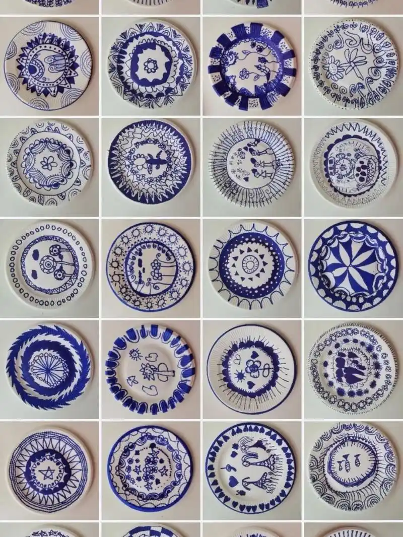 幼儿版纸盘青花瓷 幼儿园环创 纸盘画青花瓷 幼儿主题画 童真童趣