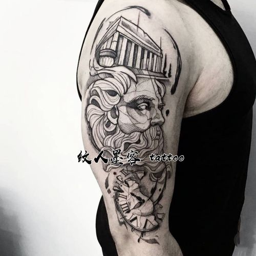 纹人墨客 欧美暗黑酷宙斯波赛冬时钟花臂刺青防水男女持久纹身贴【7天