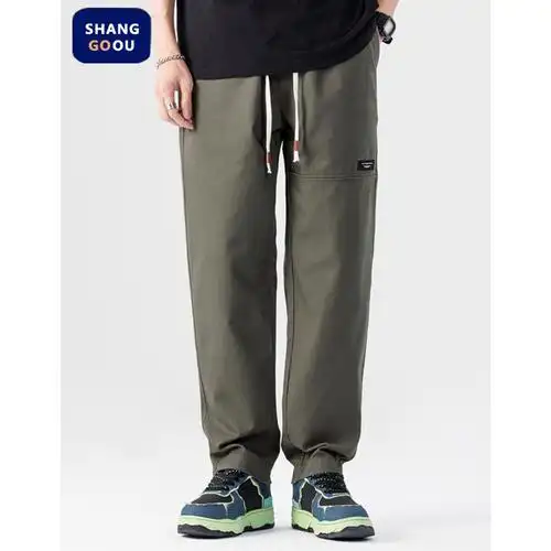 尚谷男装 军绿色全棉休闲裤男士春夏季新款大码潮牌哈伦直筒裤子