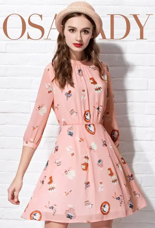 欧莎osa 新收腰a字摆可爱粉色印花雪纺连衣裙 s116c13131