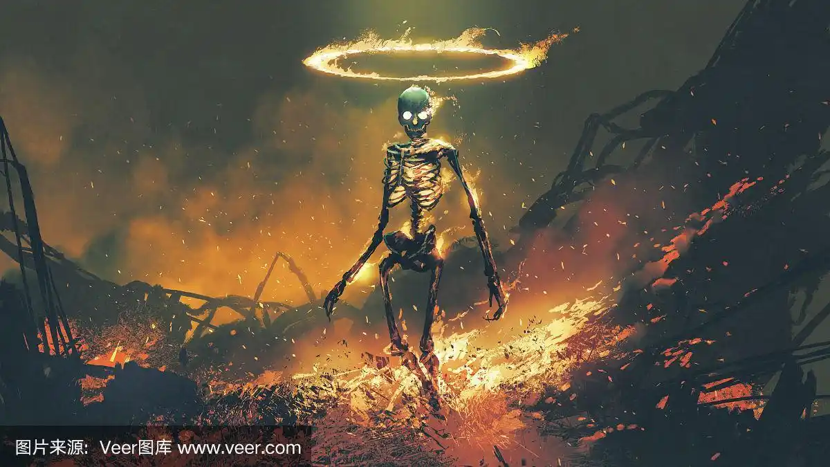 带有火焰的恶魔骷髅,在地狱之火中燃烧