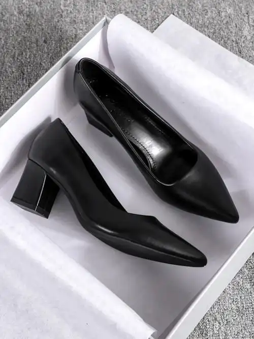 鞋子职业正装女生皮鞋女款尖头粗跟黑色高跟鞋工作鞋软-阿里巴巴