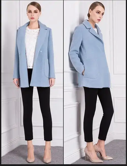 灰蓝色时尚肌理感纯色羊毛大衣