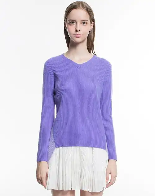 女士浅紫罗兰撞色v领纯羊绒套衫