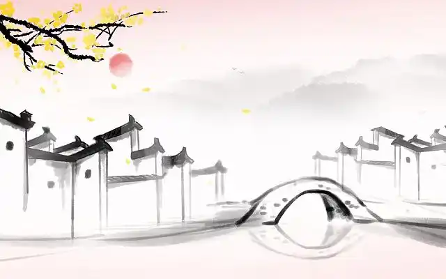 古风水墨建筑插画手绘徽派建筑黑白风景背景写意山水画水墨建筑背景