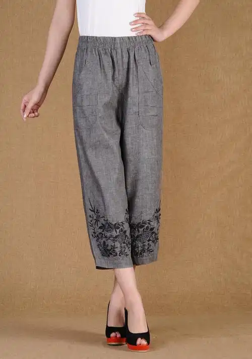 女装 中老年女装 俪璟 俪璟 夏装中老年妈妈装七分裤松紧腰绣花宽松