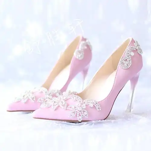 花朵水晶鞋水钻新娘鞋高跟单鞋礼服鞋女鞋尖头红色绸缎结婚鞋春款