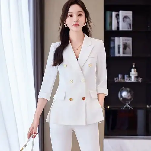 双排扣西装女士夏季薄款外套高级感面试时尚职业正装白色西服套装