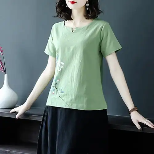 妈妈棉麻短袖t恤女宽松复古上衣服春夏装中老年女士洋气半袖小衫