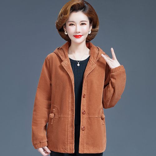 秋季新品纯棉灯芯绒外套中老年女装条绒中长上衣中老年女装
