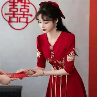 yinfan中式敬酒服新娘结婚回门晚礼服女平时可穿显瘦 酒红色 xs(建议7