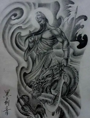 霸气经典的黑白关公满背纹身图案