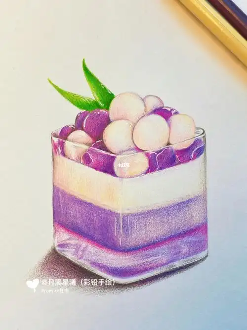 柿茶茶#手绘  #彩铅画  #彩铅手绘  #奶冻  #甜品  #素材  #绘画过程