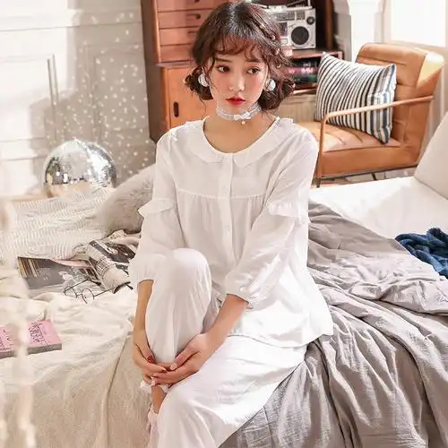 白色睡衣女夏丝绸纯棉绸薄款蕾丝可爱公主短袖睡衣