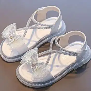 儿童凉鞋女童公主鞋新款防滑透明低中大童凉鞋夏季蝴蝶结凉鞋白色24码