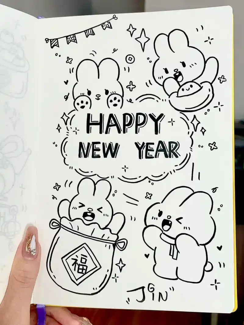 简笔画|超可爱的新年06手帐小兔子素材～ 96打卡一张新年小兔子的