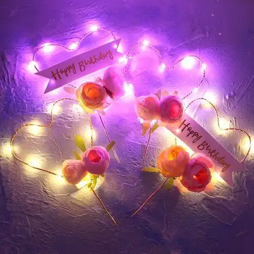 浪漫生日快乐蛋糕派对爱心带灯 花朵玫瑰金爱心插旗摆件 蛋糕配件