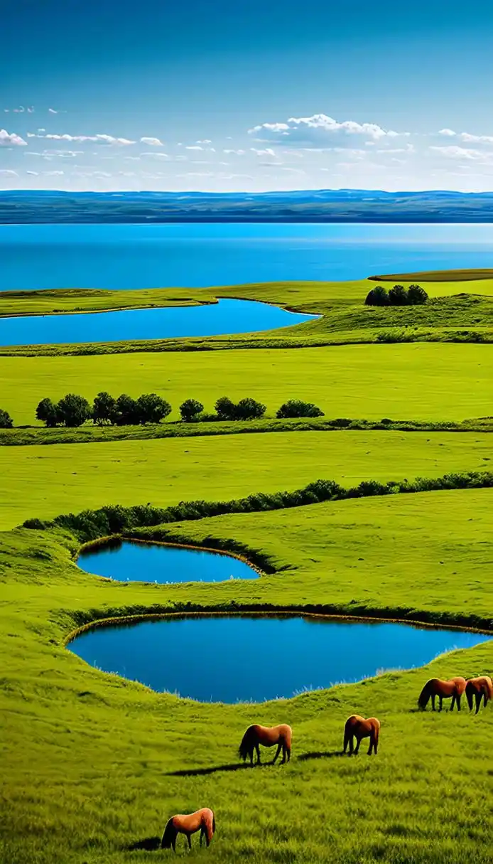 百度ai绘图黑科技# 蓝天,草原,奔跑的骏马,湖水清澈.