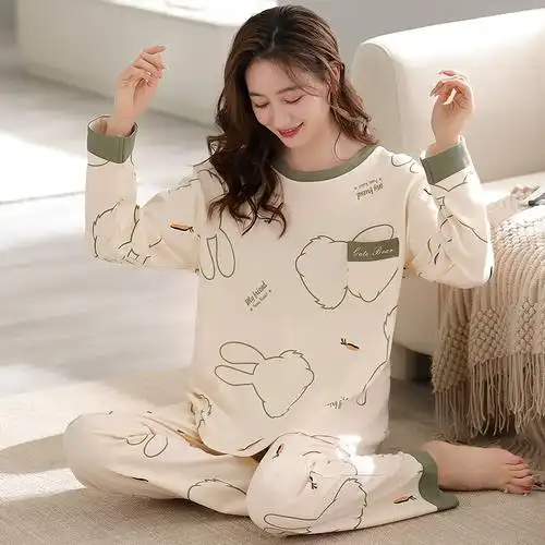 红豆女士纯棉睡衣春夏长袖圆领全棉套头妈妈可外穿家居服套装大码