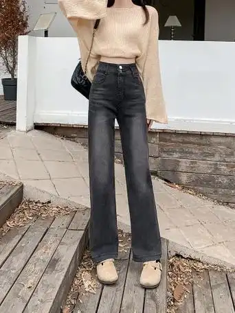 实拍实价~高腰直筒牛仔裤女新款窄版阔腿裤黑灰色显瘦烟管裤子 - 17网