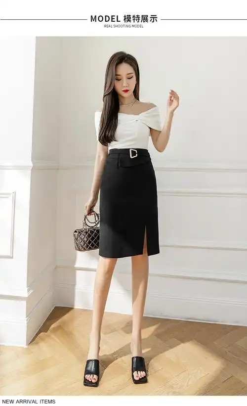 西装半身裙女2022春夏新款高腰a字短裙通勤工装开叉黑色直筒中裙黑色s