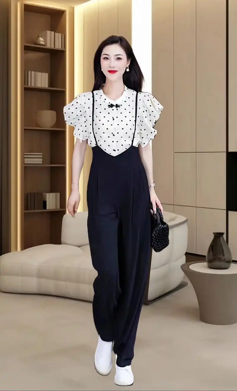 波点飞袖上衣小立领盘扣设计,时尚又洋气!