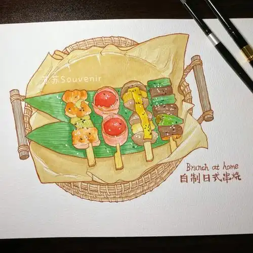 水彩手绘美食插画日式串烧含过程线稿