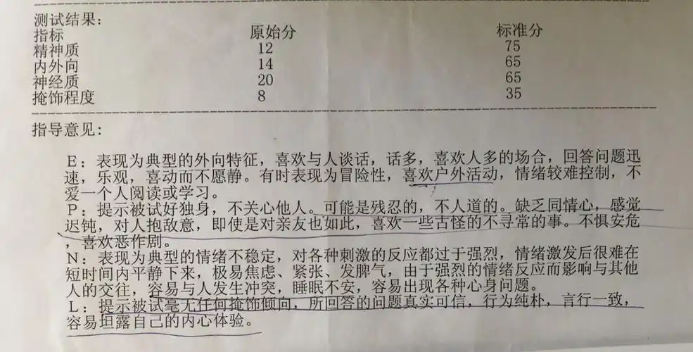 艾森克人格结果分析如图,自我感觉 测试结果为epnl,其中的描述 80%