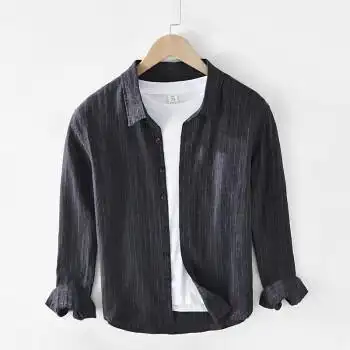 纯亚麻衬衣男条纹休闲外套简约宽松男装上衣百搭舒适透气衣服时尚潮流