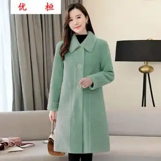 优桓新款外套女2022秋冬季时尚韩版宽松长袖羊剪绒大衣女冬装中长款豆