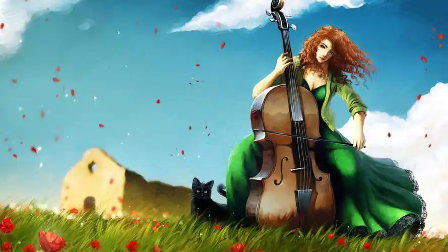 草地上拉大提琴的女孩 壁纸