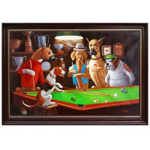 手绘名狗叼着烟聚会打台球装饰画简约横版书房5只狗打球油画卓克