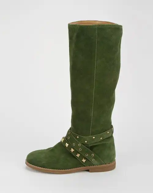 奥卡索walker shop绿色镶钉珠绒面时尚长靴