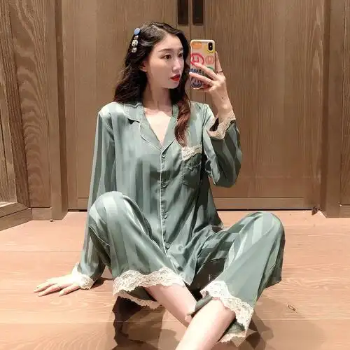 睡衣女夏季冰丝条纹丝绸提花蕾丝长袖春秋网红款家居服两件套装