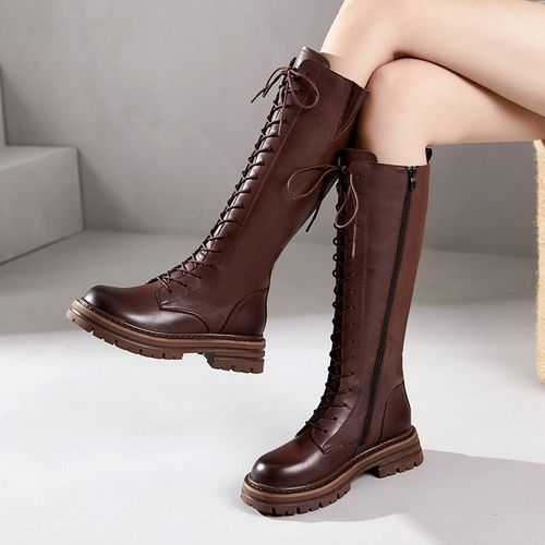 【胎牛皮胚】头层牛皮长靴女士秋冬款绑带百搭厚底加绒骑士靴子