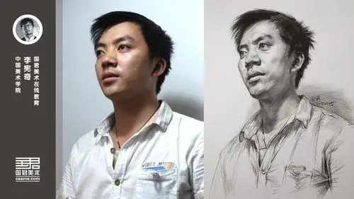 男青年四分之三侧面素描头像仰视李宪奇
