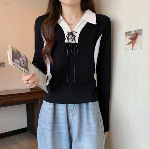 大码黑色polo领正肩长袖t恤女春秋季胖mm显瘦别致小衫撞色打底衫