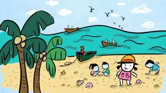 沙滩里的贝壳简笔画这样海滩捡贝壳的小女孩彩色简笔画就画好了如下图