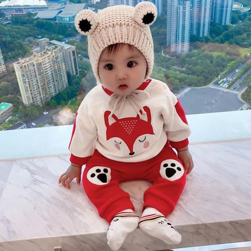 婴儿童装春秋套装男童小童宝宝衣服洋气一岁外出服卡通运动两件套白色