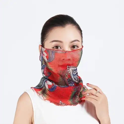 单色百变小丝巾印花金丝围脖防晒口罩骑行面罩面纱百搭假领子脖套