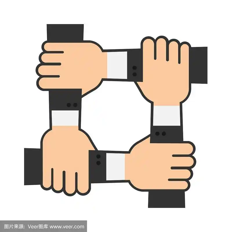 四个相连的手中.团结的象征.孤立在白色背景上.矢量插图.