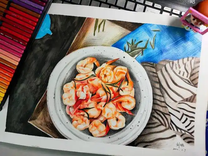 手绘彩铅鲜虾08