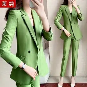 大码胖妹妹洋气法式荷叶边绿色v领短袖衬衫休闲西装裤套装127人付款