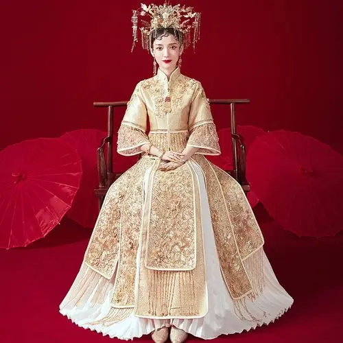 秀禾服新款2022中式敬酒服复古婚纱礼服香槟色龙凤褂新娘出阁服冬
