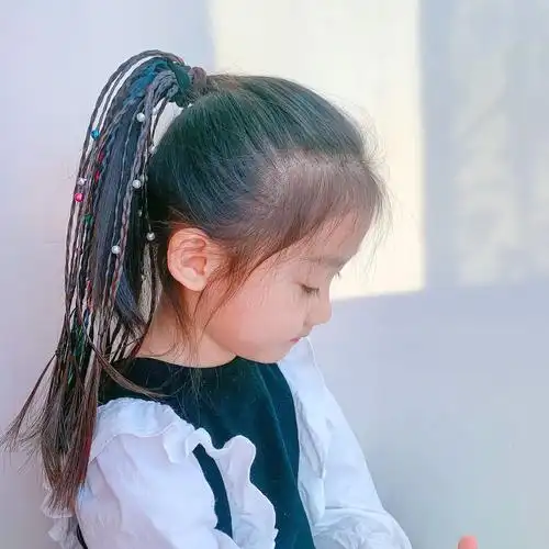 跨境儿童马尾辫发圈珍珠铃铛脏发辫假发头饰渐变彩色麻花辫头绳