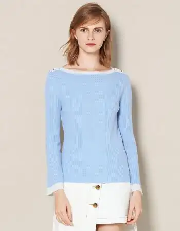 皮皮狗纯山羊绒一字领弹力女套衫毛衣针织羊绒衫浅天蓝502s95